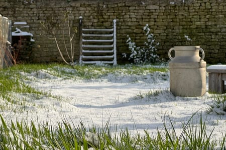 Le jardin sous la neige, escalier en pierre et bidons de lait